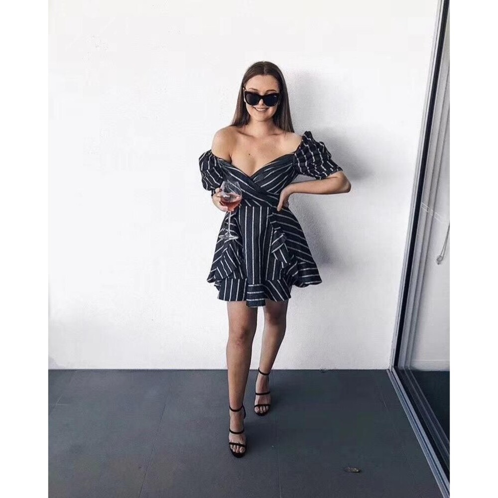 NWT C/MEO Collective Striped Puff Sleeve Mini Dress - Picture 8 of 9